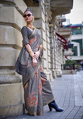 Dark Grey Weaving Viscose Saree Set