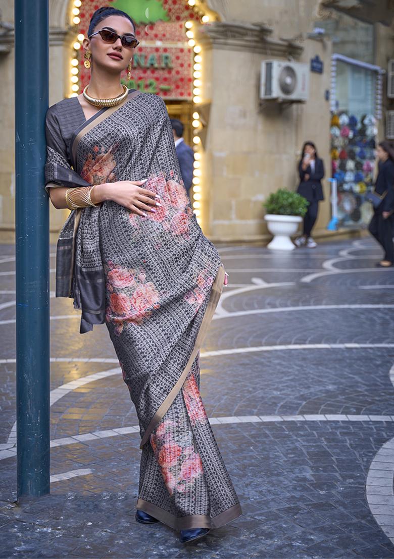 Dark Grey Weaving Viscose Saree Set