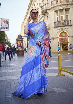 Blue Weaving Viscose Saree Set