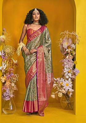 Green Weaving Silk Saree Set