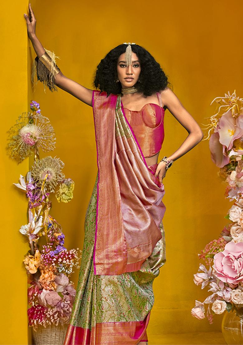 Green Weaving Silk Saree Set