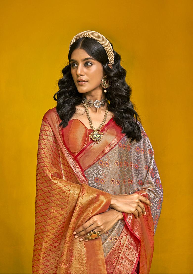 Grey Weaving Silk Saree Set