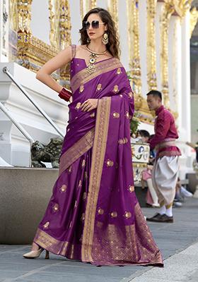Magenta Zari Embroidered Silk Saree Set