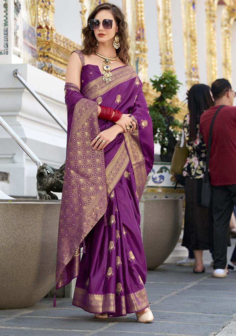 Magenta Zari Embroidered Silk Saree Set