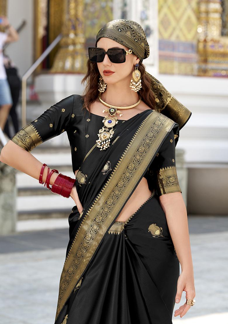 Black Zari Embroidered Silk Saree Set