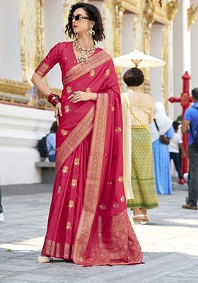 Hot Pink Zari Embroidered Silk Saree Set