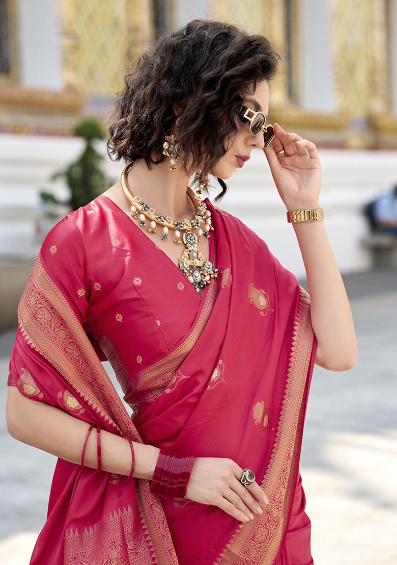 Hot Pink Zari Embroidered Silk Saree Set