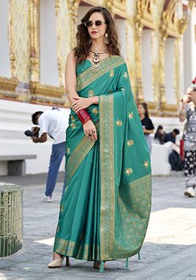 Turquoise Zari Embroidered Silk Saree Set