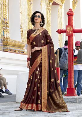 Brown Zari Embroidered Silk Saree Set