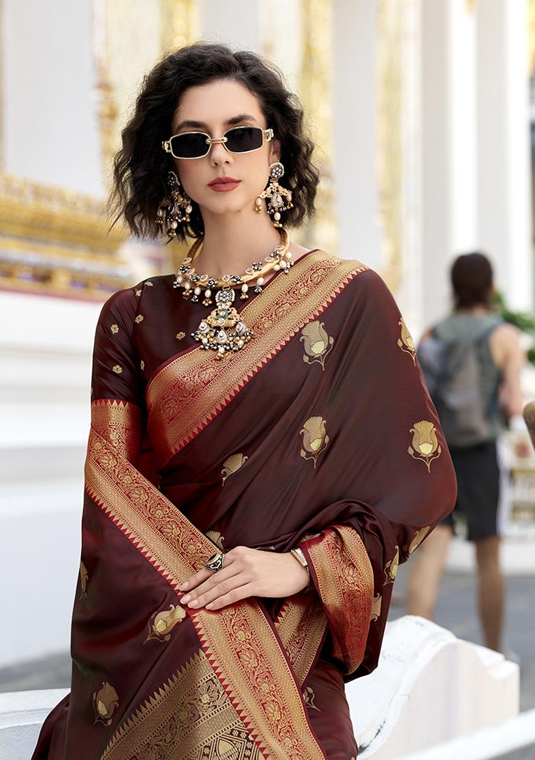 Brown Zari Embroidered Silk Saree Set