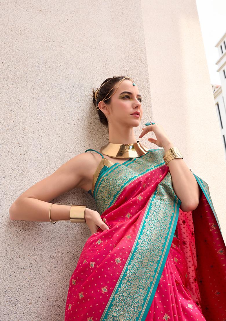 Rani Pink Weaving Silk Saree Set