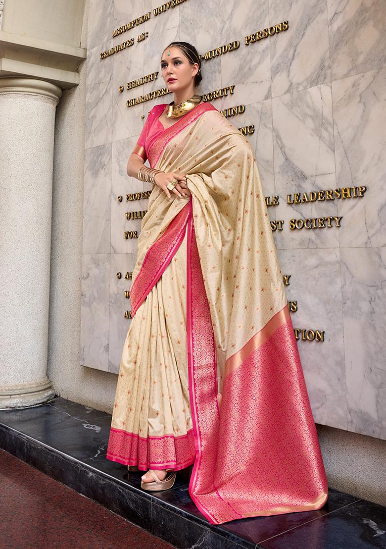 Cream Weaving Silk Saree Set