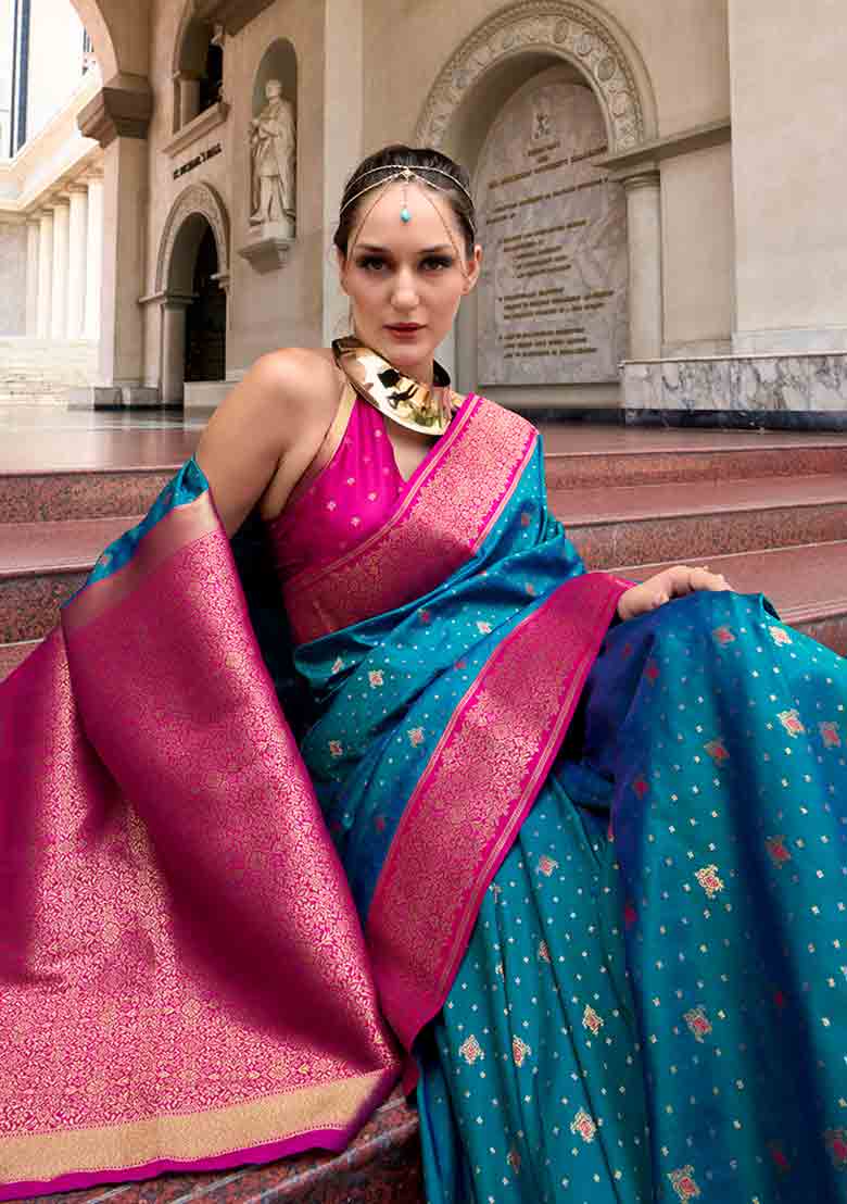 Teal Blue Weaving Silk Saree Set