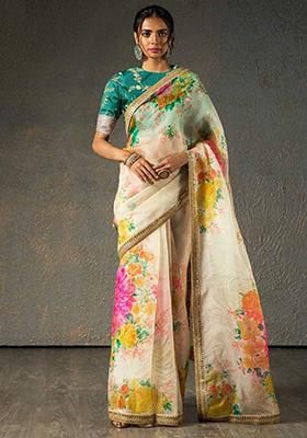 Off White Floral Print Poly Blend Sarees