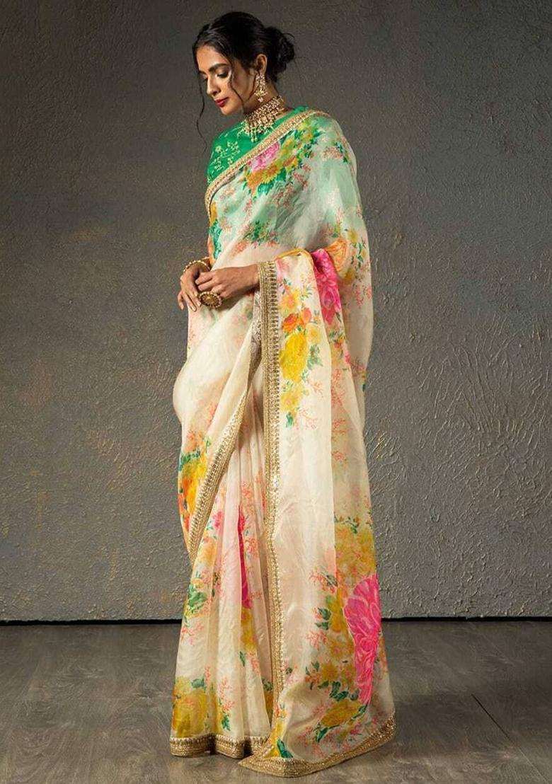 Off White Floral Print Poly Blend Sarees