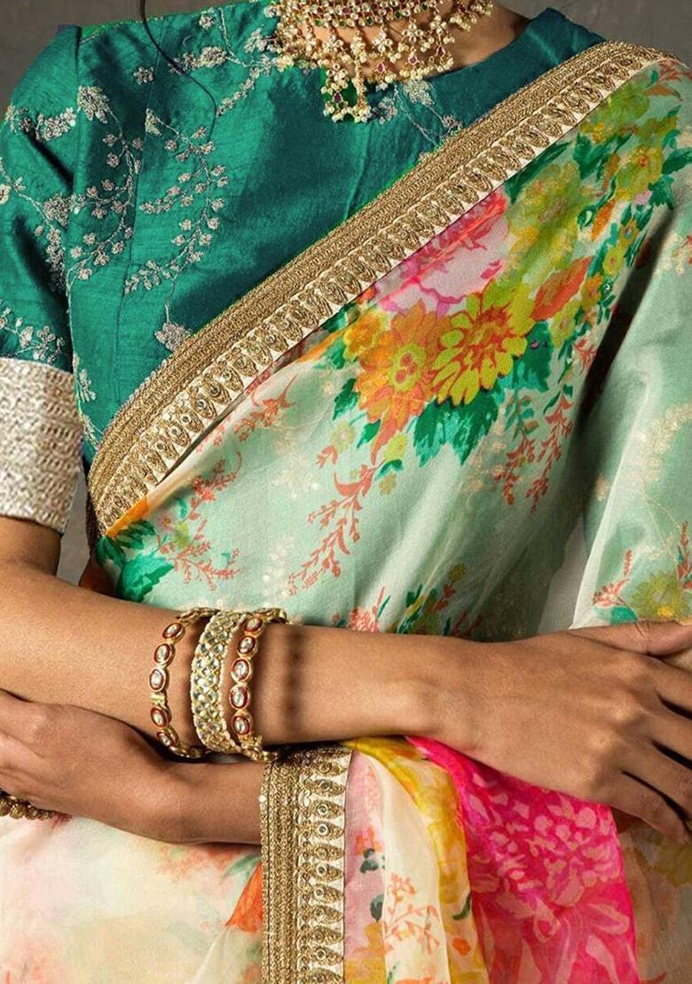 Off White Floral Print Poly Blend Sarees