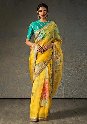 Yellow Floral Print Poly Blend Sarees