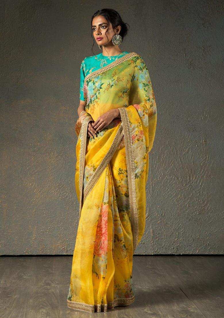 Yellow Floral Print Poly Blend Sarees