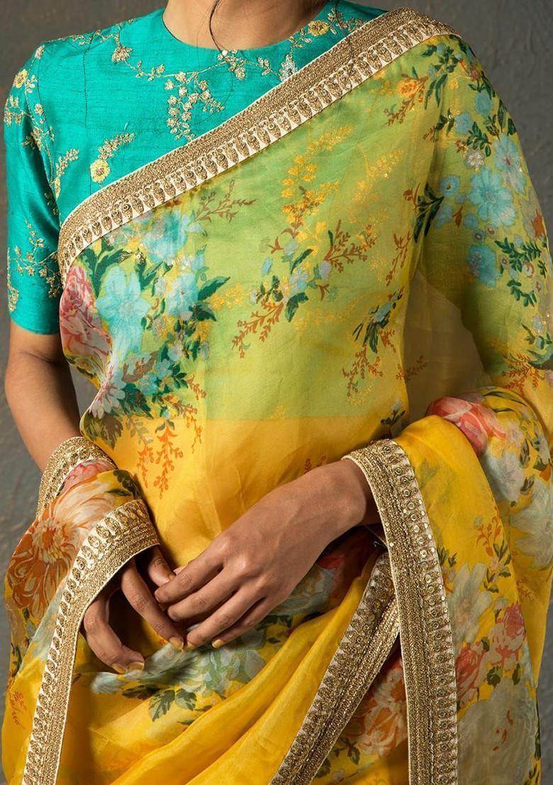 Yellow Floral Print Poly Blend Sarees
