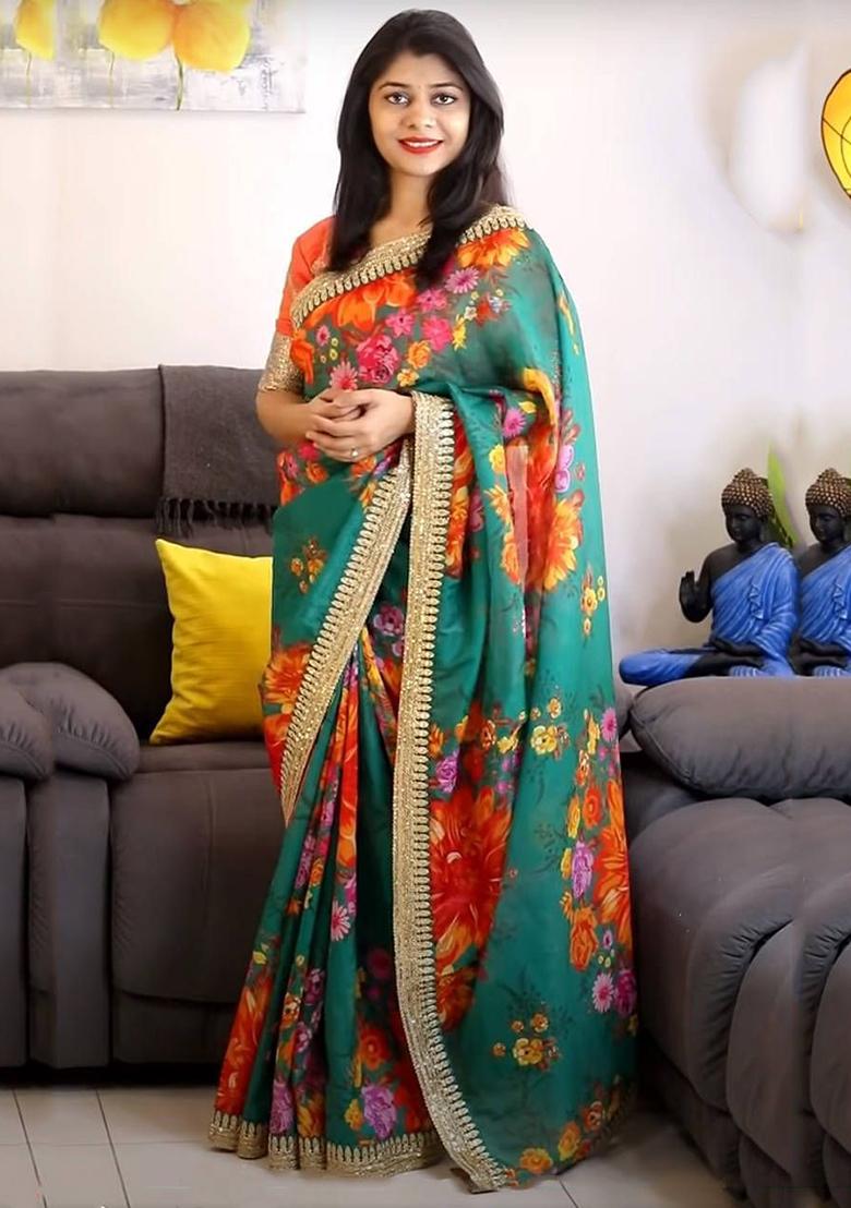 Green Floral Print Organza Sarees