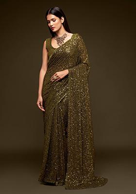 Green Sequin Embroidered Poly Blend Sarees