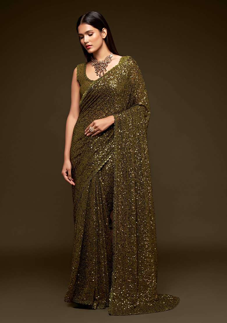 Green Sequin Embroidered Poly Blend Sarees for Diwali and Festive Wear - Indya