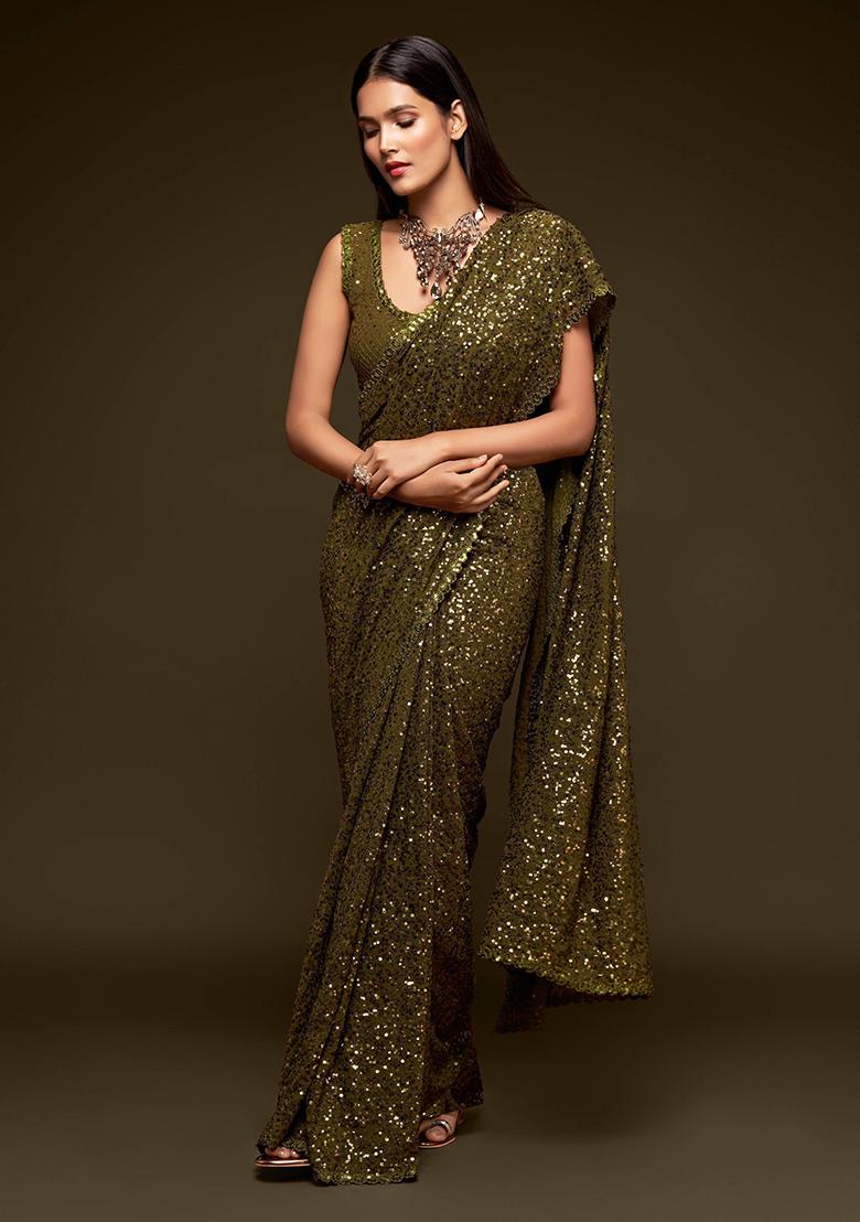 Green Sequin Embroidered Poly Blend Sarees
