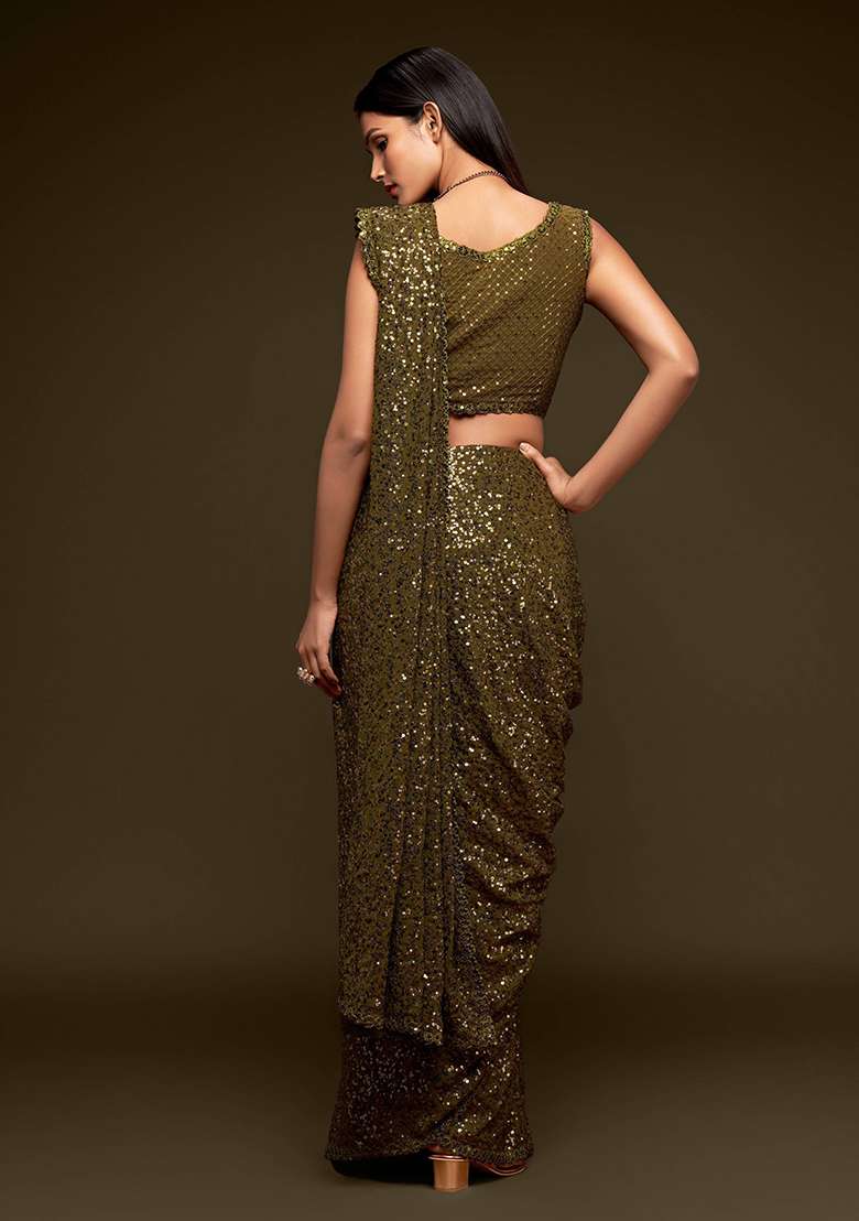 Green Sequin Embroidered Poly Blend Sarees for Diwali and Festive Wear - Indya