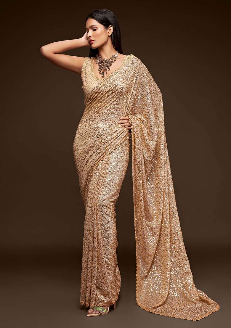 Cream Sequin Embroidered Georgette Sarees for Diwali and Festive Wear - Indya