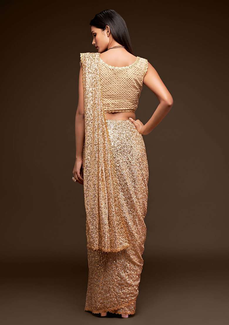 Cream Sequin Embroidered Georgette Sarees for Diwali and Festive Wear - Indya