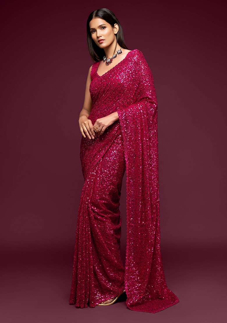 Pink Sequin Embroidered Georgette Sarees for Diwali | Wedding & Festive Wear - Indya