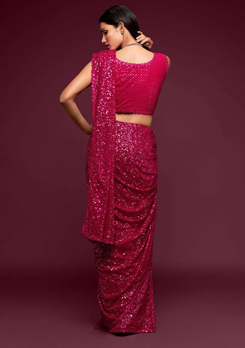 Pink Sequin Embroidered Georgette Sarees for Diwali | Wedding & Festive Wear - Indya