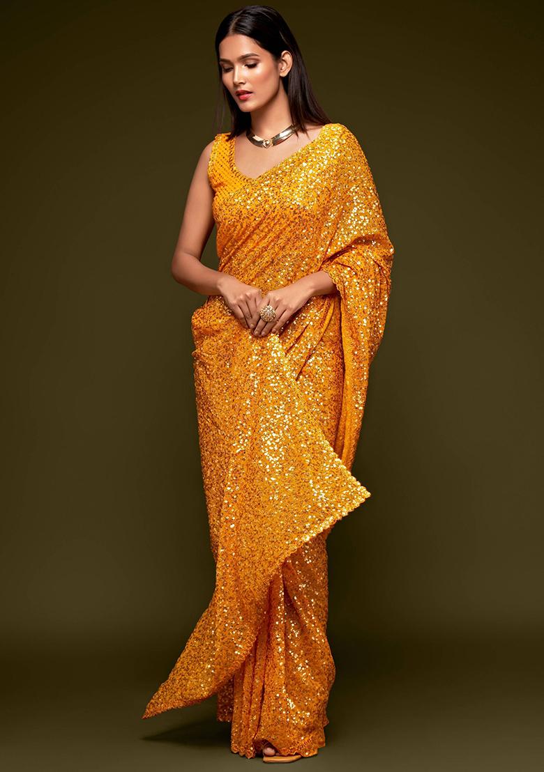 Yellow Sequin Embroidered Georgette Sarees