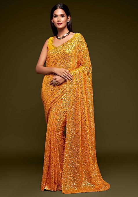 Yellow Sequin Embroidered Georgette Sarees