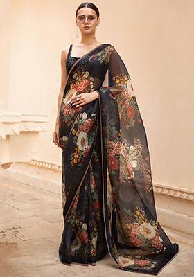 Black Floral Print Organza Sarees