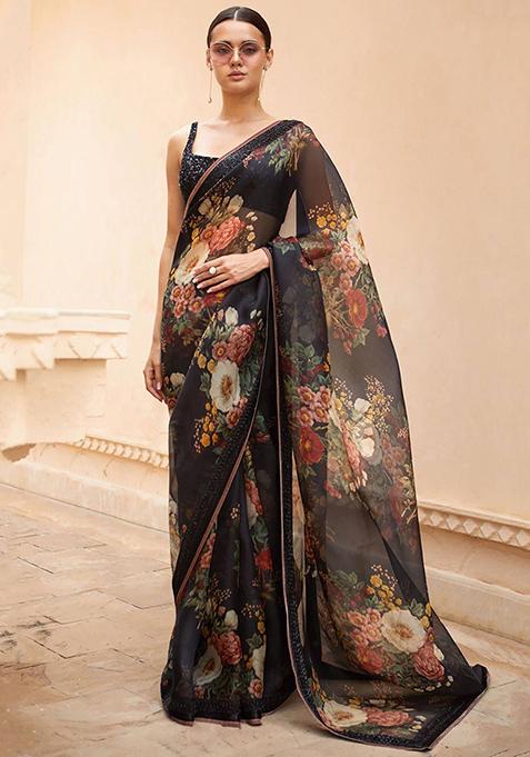 Black Floral Print Organza Sarees