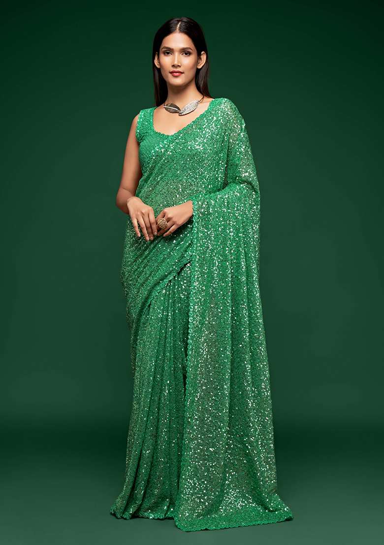 Green Sequin Embroidered Georgette Sarees for Diwali | Wedding & Festive Wear - Indya
