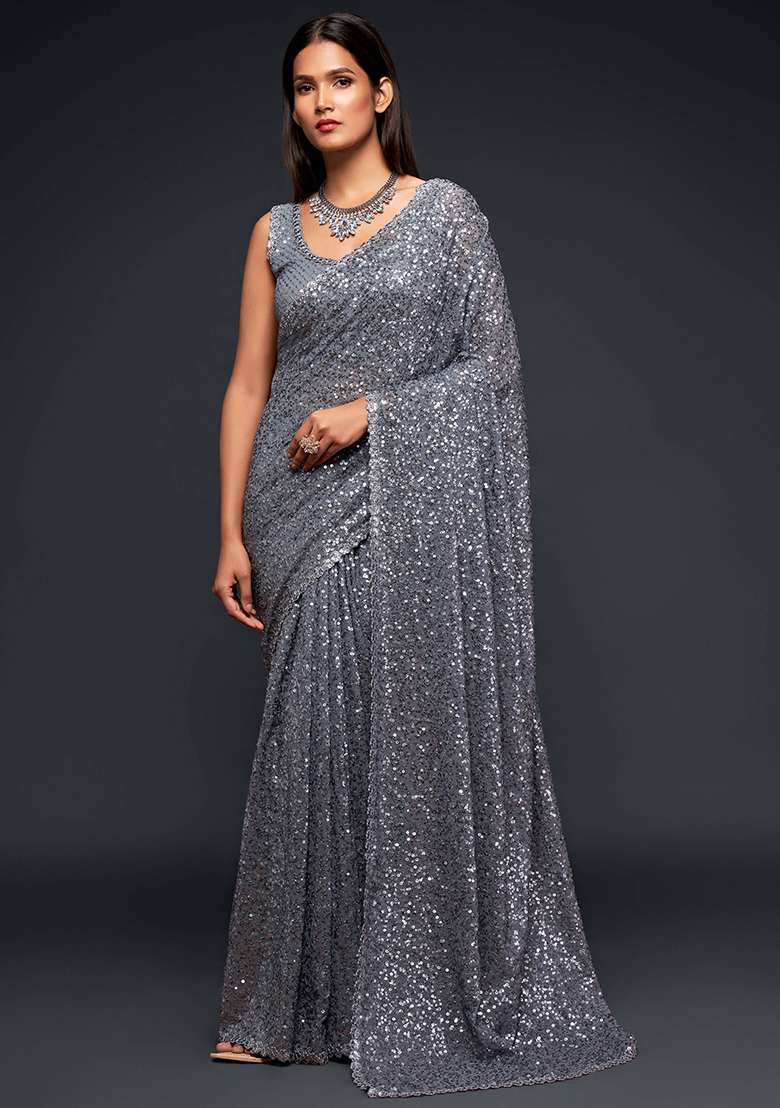 Grey Sequin Embroidered Poly Blend Sarees for Diwali | Wedding & Festive Wear - Indya