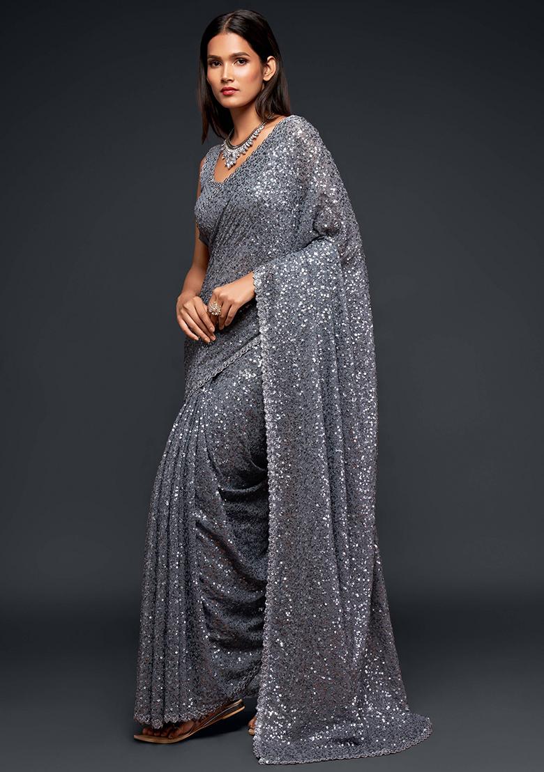 Grey Sequin Embroidered Poly Blend Sarees