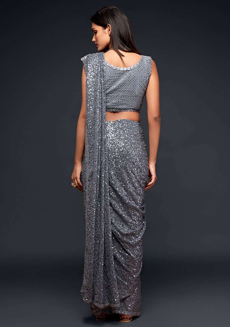 Grey Sequin Embroidered Poly Blend Sarees for Diwali | Wedding & Festive Wear - Indya