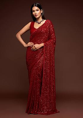 Red Sequin Embroidered Poly Blend Sarees