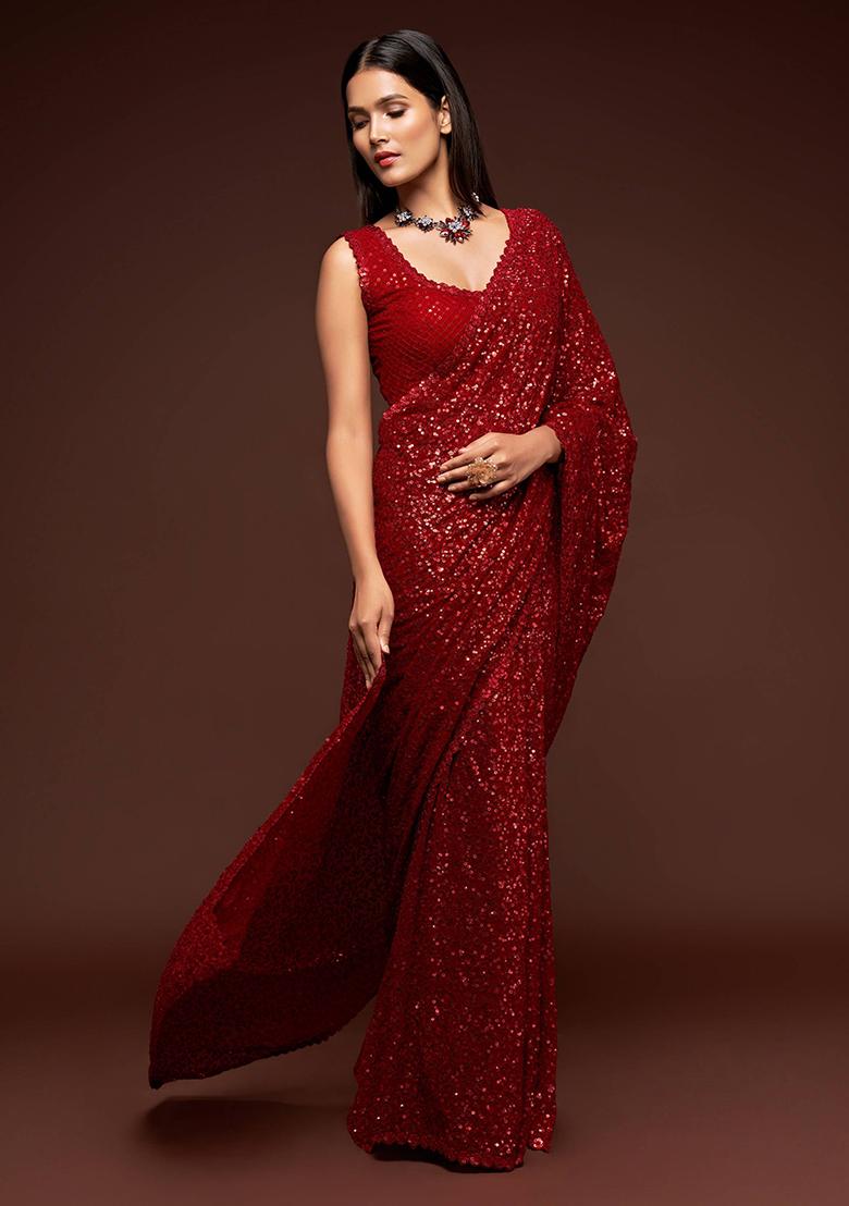 Red Sequin Embroidered Poly Blend Sarees