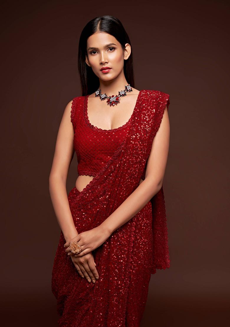 Red Sequin Embroidered Poly Blend Sarees