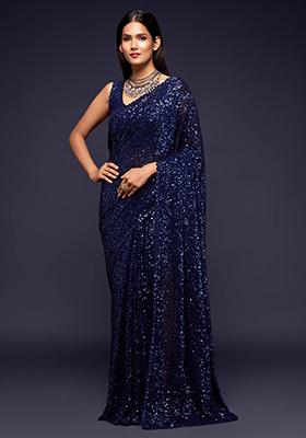 Navy Blue Sequin Embroidered Poly Blend Sarees