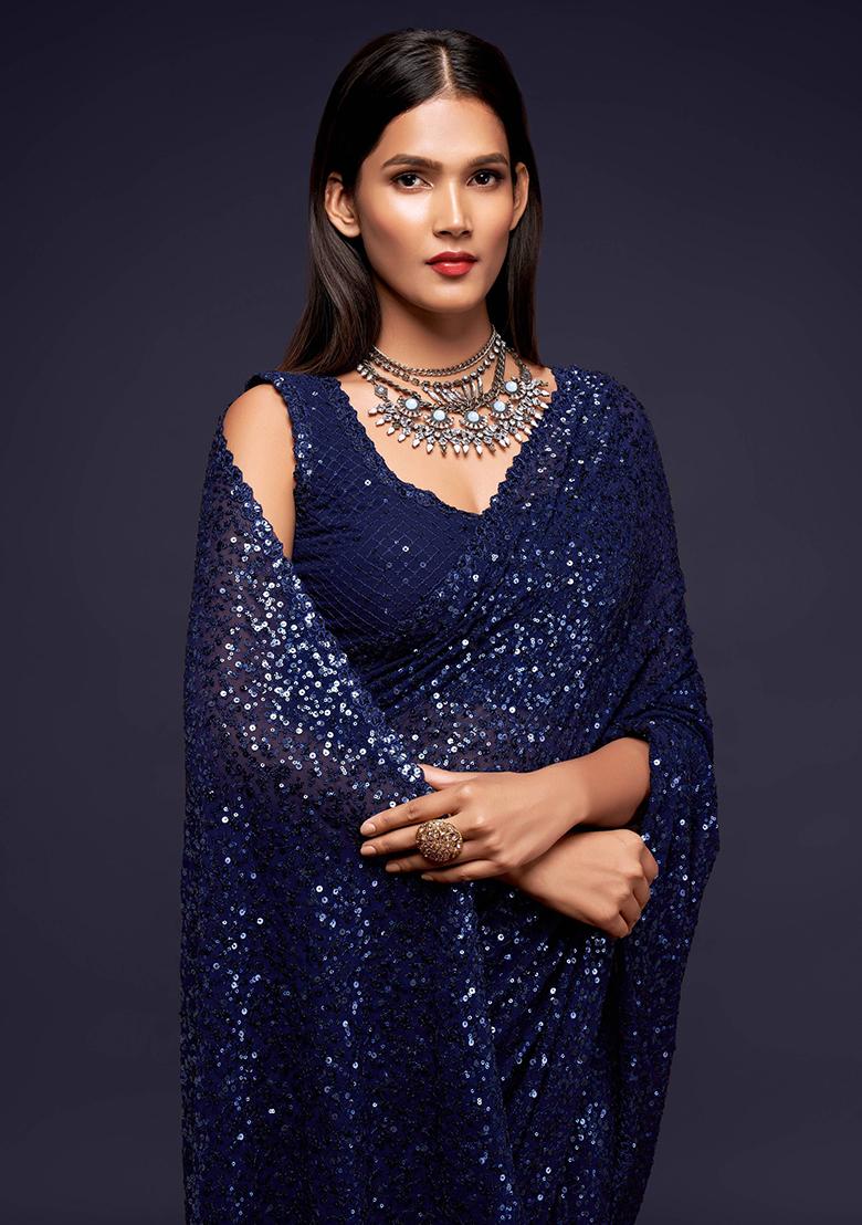 Navy Blue Sequin Embroidered Poly Blend Sarees