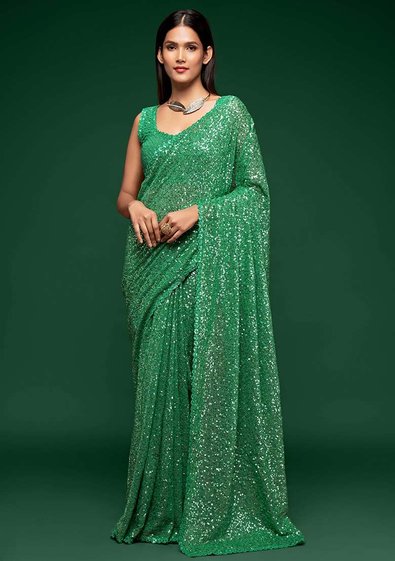 Green Sequin Embroidered Georgette Sarees for Diwali and Festive Wear - Indya