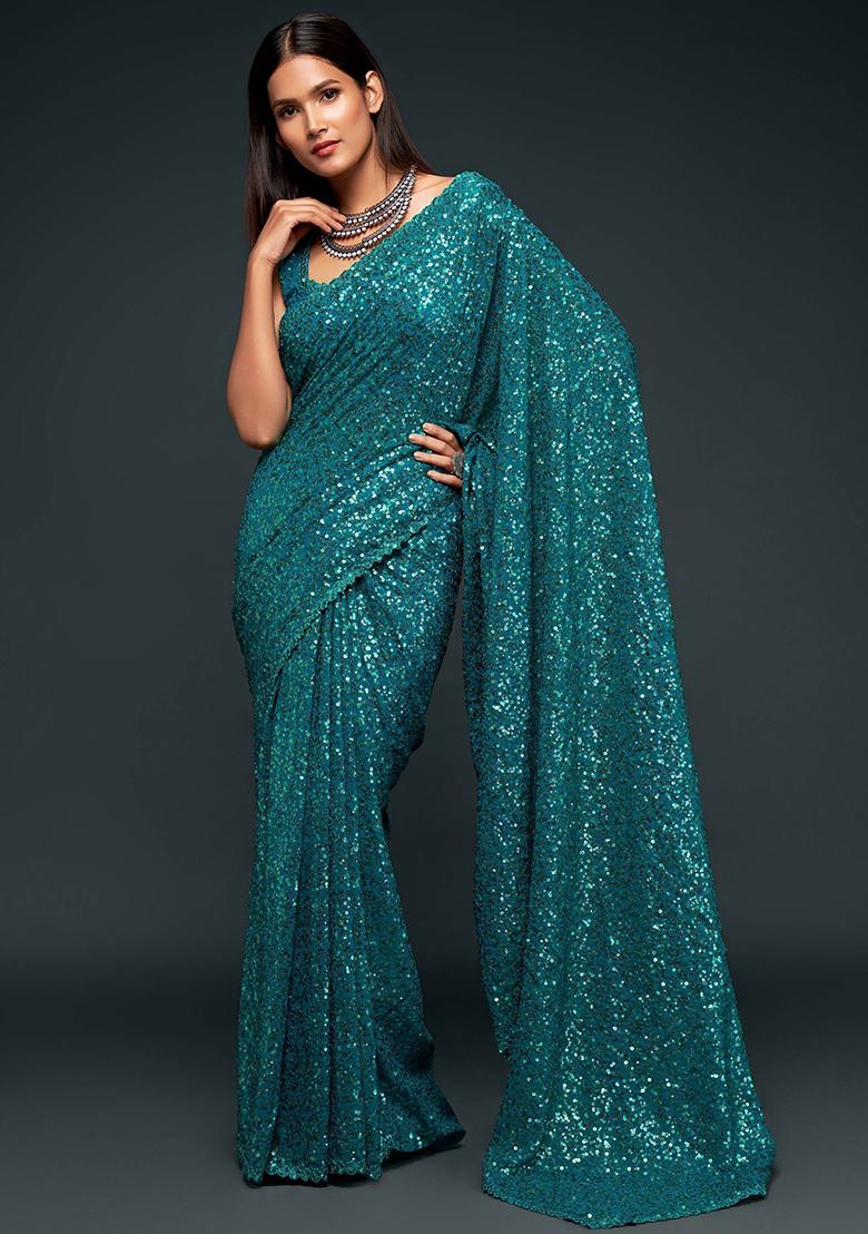 Blue Sequin Embroidered Georgette Sarees
