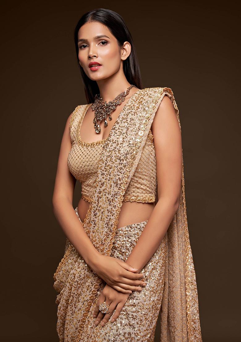 Cream Sequin Embroidered Georgette Sarees