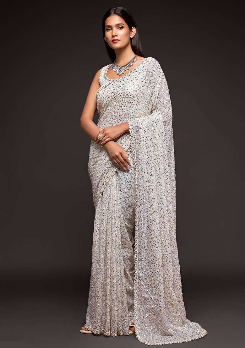 White Sequin Embroidered Georgette Sarees for Diwali | Wedding & Festive Wear - Indya