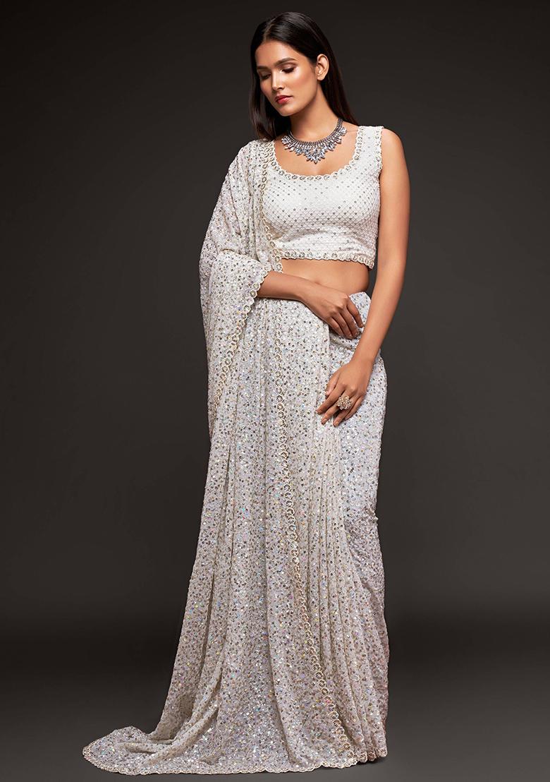 White Sequin Embroidered Georgette Sarees